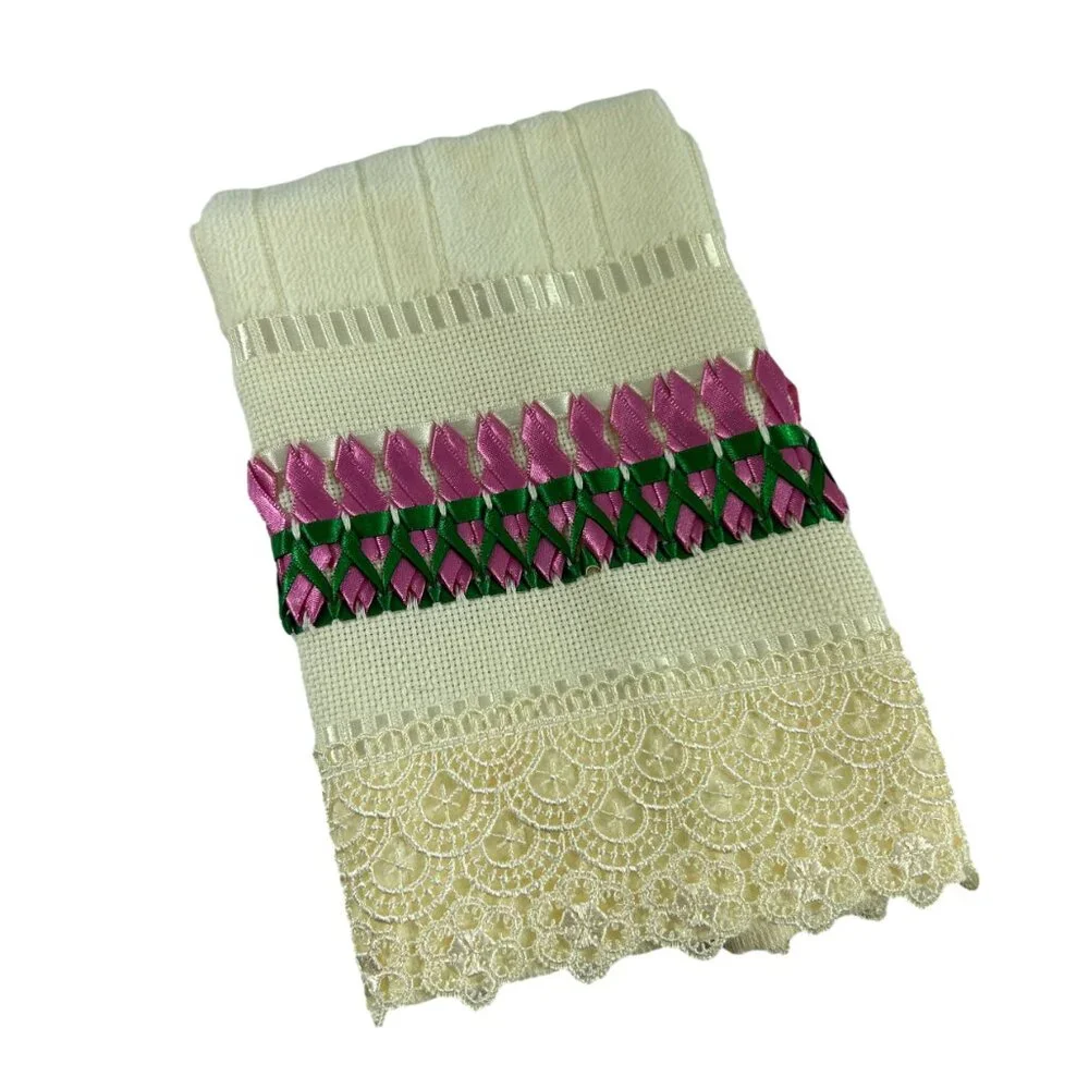 Dohler Ivory Hand Towel Crochet Hem Embellished Pink Green Ribbon 18